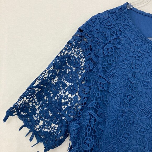 Philosophy sz XXL Blue Crew Neck Lace Layered Stretch Short Sleeve Top Romantic - Picture 3 of 10
